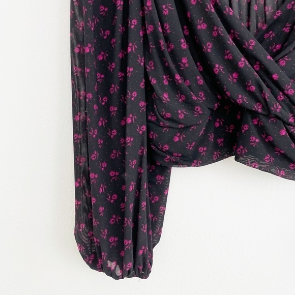 Free People Boho Black Floral Cropped Long Sleeve Top Size Medium - Picture 7 of 16